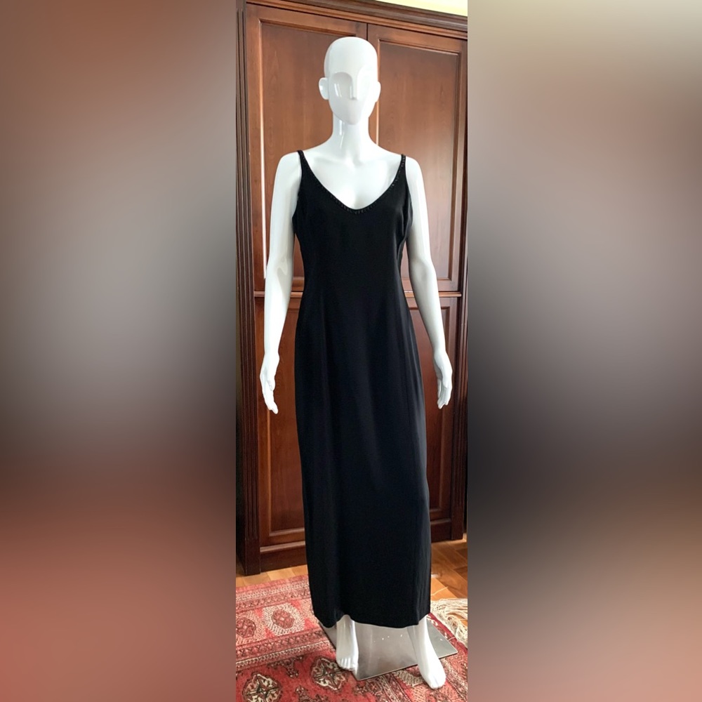 Black maxi prom party dress sleeveless shiny black beaded sexy deep V neck US 10